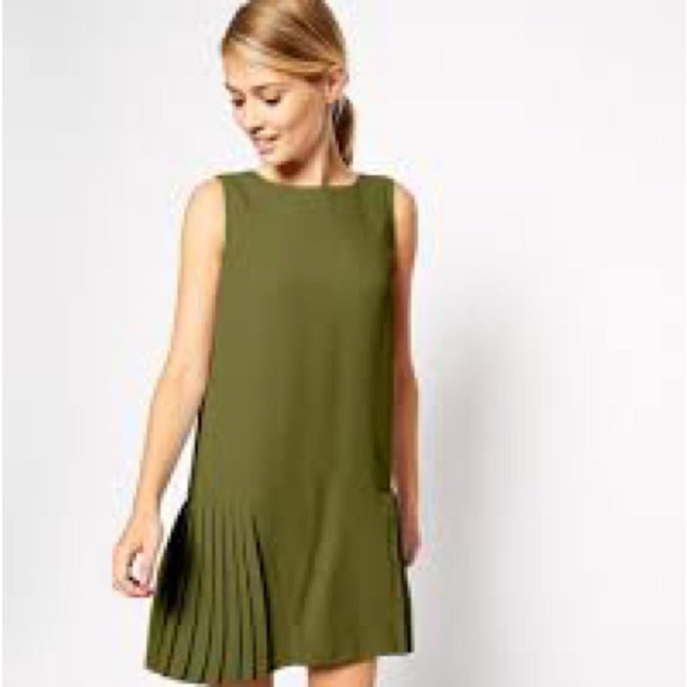 ASOS design Safari Green drop waist pleated shift dress size 2